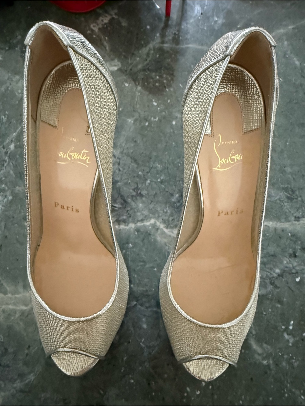 Christian Louboutin Metallic Champagne Peep-Toe Pumps